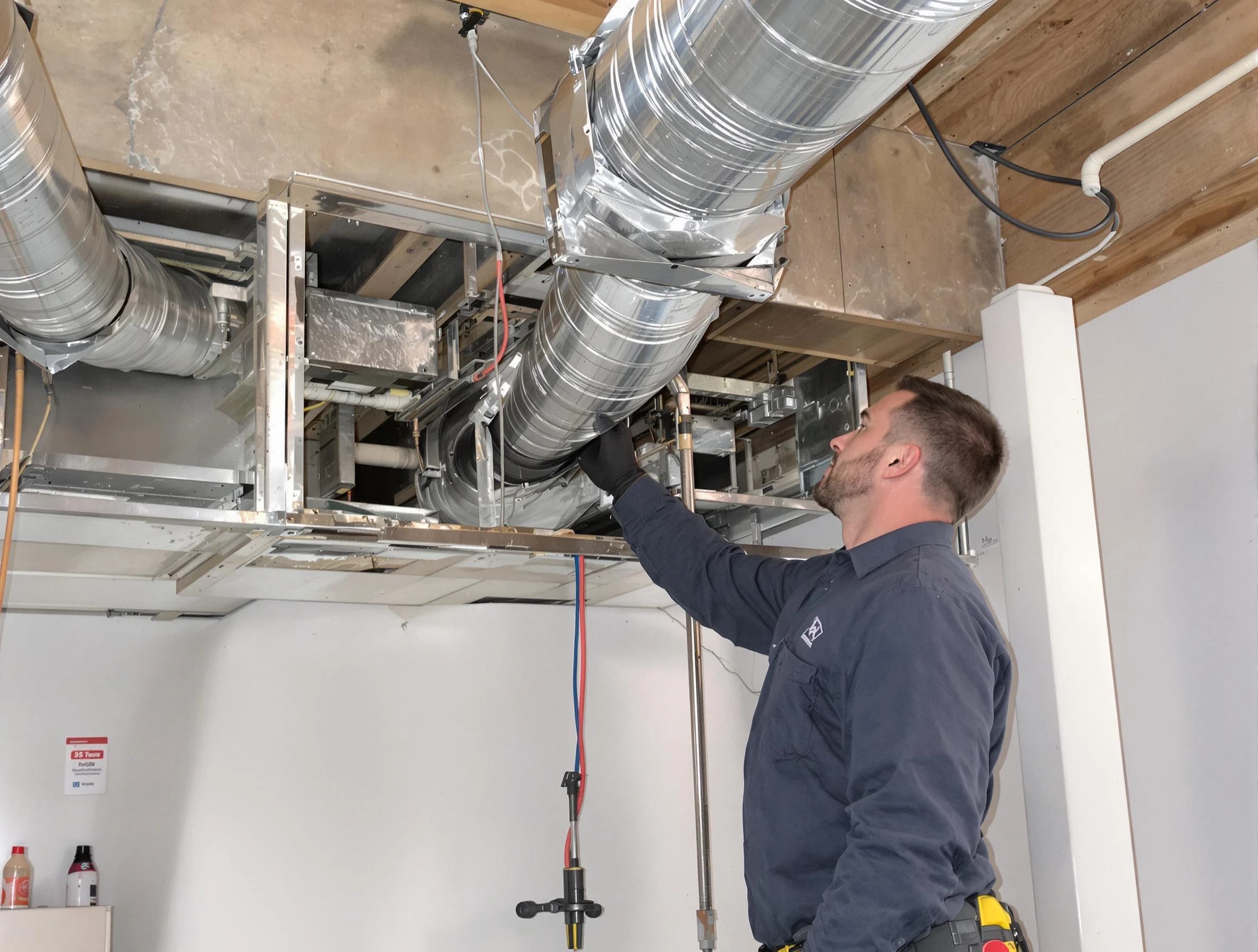 Plum Air Duct Cleaning technician performing professional air duct repair using specialized tools in Plum
