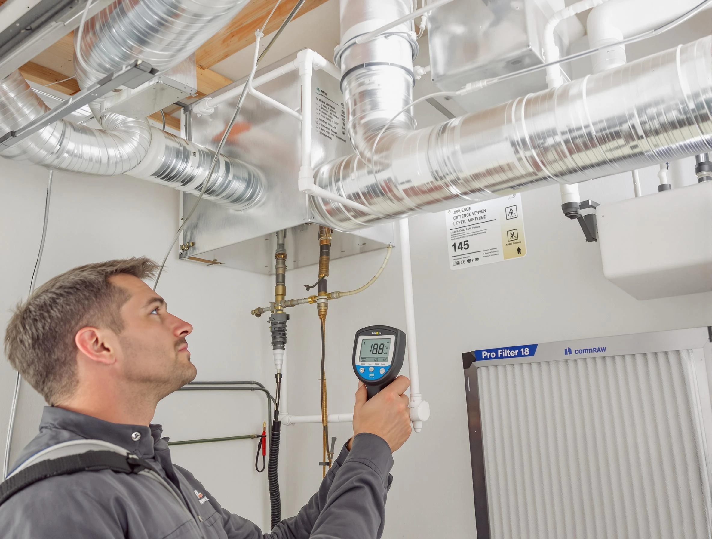 Plum Air Duct Cleaning expert conducting detailed filter system inspection using diagnostic tools in Plum