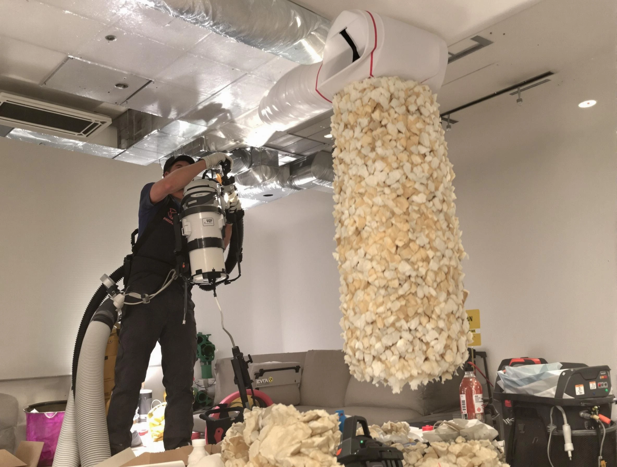 Plum Air Duct Cleaning technician performing precision vacuum insulation removal in a residential property in Plum